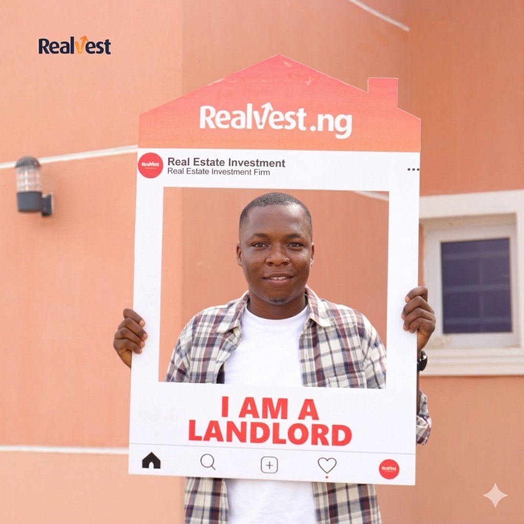 Realvest — young man holding I am a landlord frame