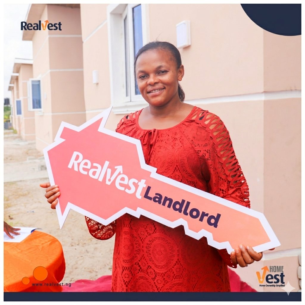 Realvest — happy homeowner holding landlord key